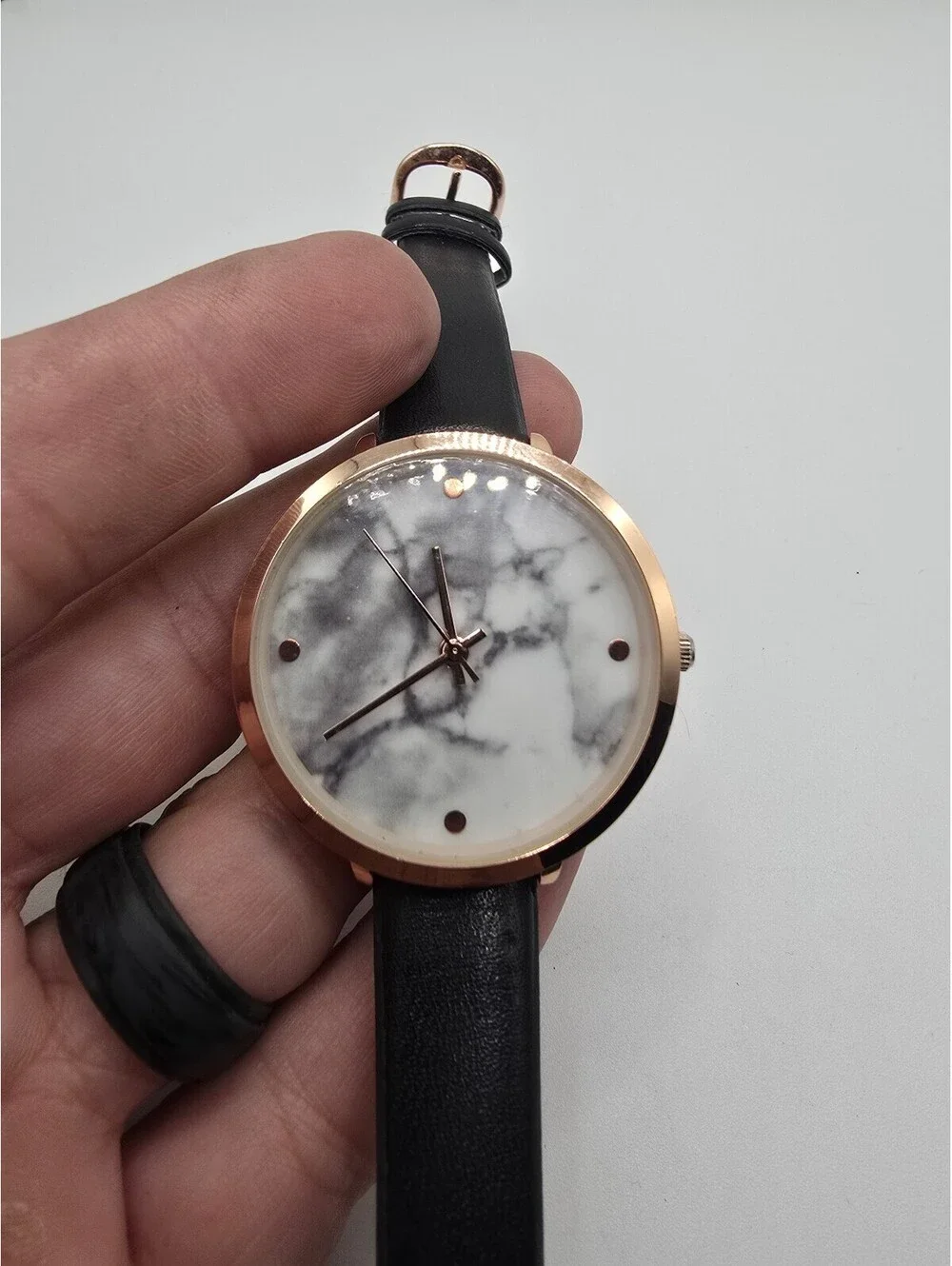Accutime Quartz Analog Watch Marble Dial Rose Gold Tone Black Faux Leather Strap